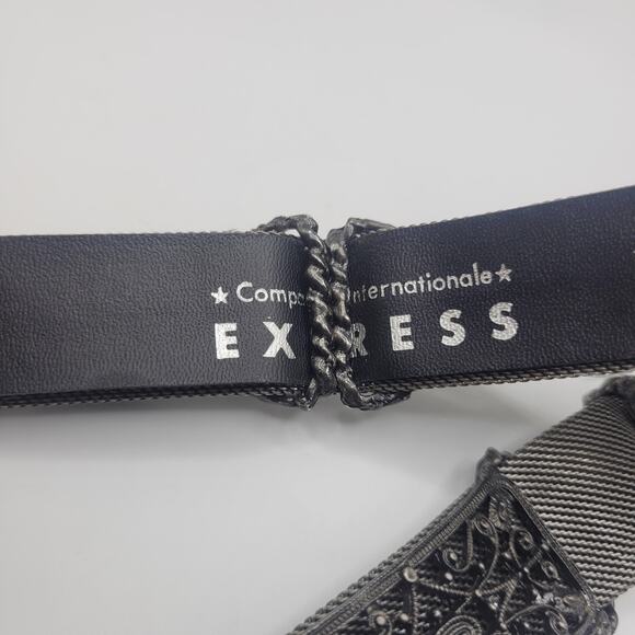 VTG Express Belt Small Black Leather Studs Chain Metal Goth Rock Mesh Ornate 90s